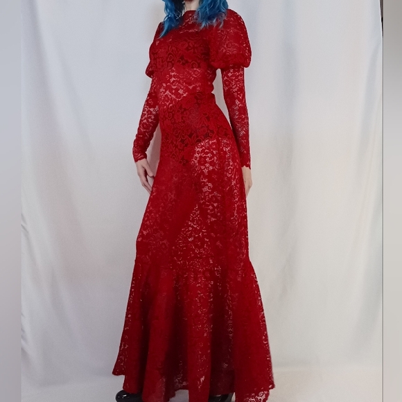 Red Floral Lace Maxi Dress with Leg-O-Mutton Sleeves. - Picture 3 of 4
